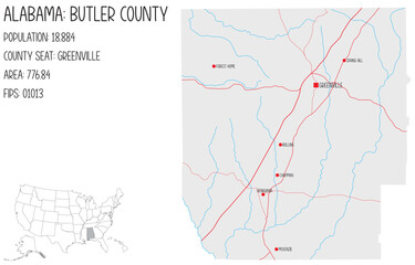 Large and detailed map of Butler county in Alabama, USA.