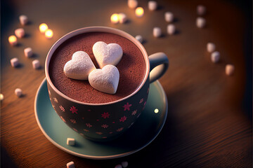 hot chocolate with heart shaped marshmallows, generative AI