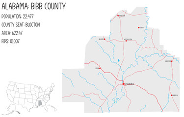 Large and detailed map of Bibb county in Alabama, USA.