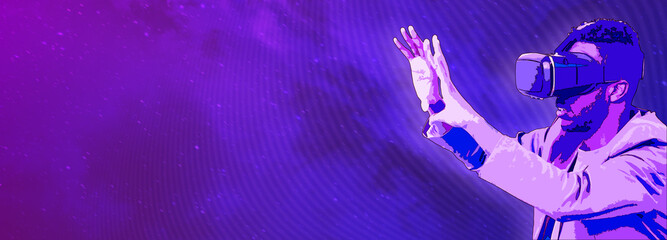 Fototapeta premium Man use virtual reality simulator VR goggles virtual reality web 3 or metaverse metaphor. Horizontal banner with copy space, place for text or text area