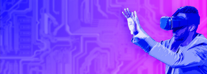 Man use virtual reality simulator VR goggles virtual reality web 3 or metaverse metaphor. Horizontal banner with copy space, place for text or text area