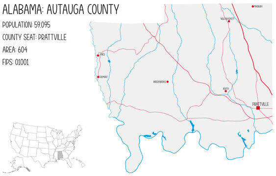 Large and detailed map of Autauga county in Alabama, USA.
