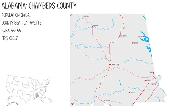 Large and detailed map of Chambers county in Alabama, USA.