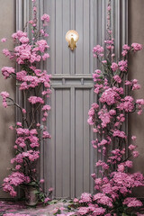 Fototapeta na wymiar Beautiful door, stone wall in flowers.