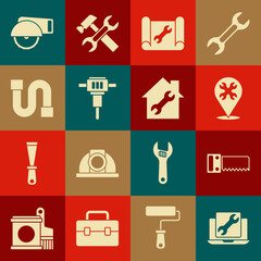 Set Laptop service, Hand saw, Location with wrench, Graphing paper, Construction jackhammer, Industry pipe, Electric circular and House repair icon. Vector