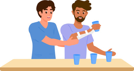 Occupational therapist practice disabled or stroke patient using arm and hand doing activity daily living. Medical and rehabilitation healthcare concept.