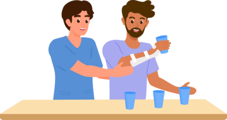 Occupational therapist practice disabled or stroke patient using arm and hand doing activity daily living. Medical and rehabilitation healthcare concept.