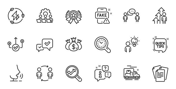 Outline set of Consulting business, Check investment and Analytics line icons for web application. Talk, information, delivery truck outline icon. Vector