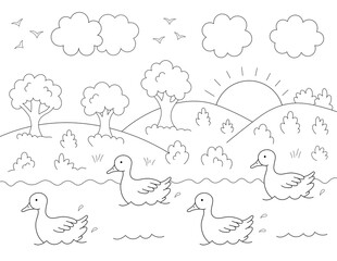 drawing of ducks, trees and clouds to color for children