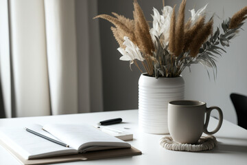 Minimalist interior design for a workspace that is attractive. On a white table next to a white wall are a mug, a notebook, and a bouquet of pampas grass flowers. Concept of a young woman running a ho