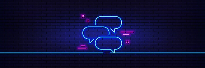 Neon light glow effect. Talk bubble line icon. Speech bubble sign. Chat message symbol. 3d line neon glow icon. Brick wall banner. Talk bubble outline. Vector