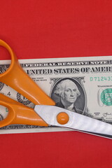 Scissors lie on a banknote, budget cuts, inflation, financial crisis.