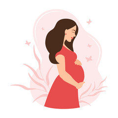Happy pregnancy and motherhood. Pregnant woman flat cartoon vector illustration