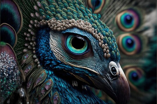  a peacock with a very colorful feathers pattern on its head and neck, with a black background and a white border around the eye and bottom corner of the image is a black border,., generative ai