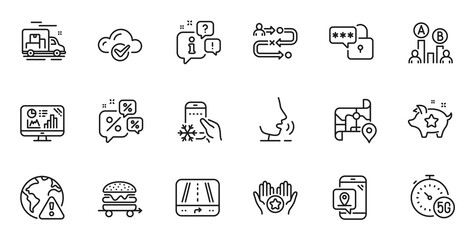 Outline set of Journey path, Internet warning and Loyalty points line icons for web application. Talk, information, delivery truck outline icon. Vector