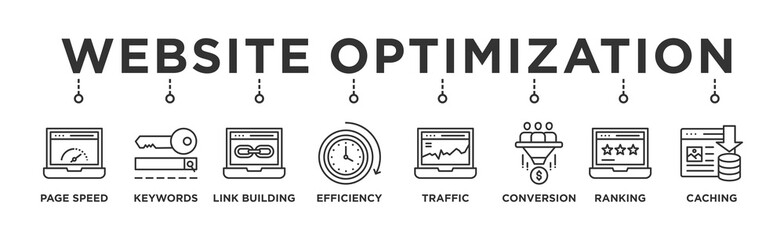 Website optimization banner web icon vector illustration concept with icon of page speed, conversion rate, website traffic, efficiency, keywords, ranking, caching, link building