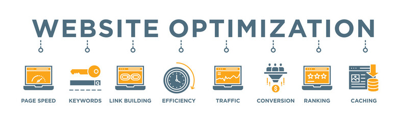 Website optimization banner web icon vector illustration concept with icon of page speed, conversion rate, website traffic, efficiency, keywords, ranking, caching, link building