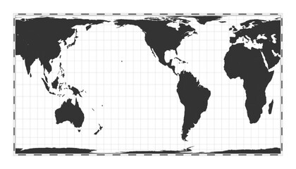 Vector world map. Cylindrical equal-area projection. Plain world geographical map with latitude and longitude lines. Centered to 120deg E longitude. Vector illustration.