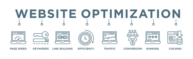 Website optimization banner web icon vector illustration concept with icon of page speed, conversion rate, website traffic, efficiency, keywords, ranking, caching, link building © Icon Designer