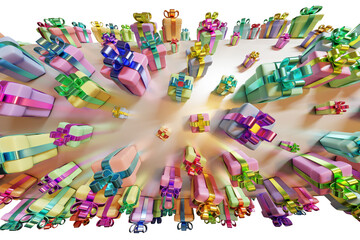 Many gift boxes with bows on top hat. Sale shopping. 3d rendering