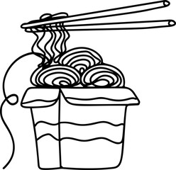 Bowl noodles and chopsticks sketch. Asian food. Chinese, Korean, Japanese cuisine. Logo template. Hand drawn vector illustration.
