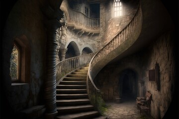 a staircase leading to a window in a building with stone walls and a stone floor and a stone staircase leading to a window in a building with stone walls and a stone floor and a.
