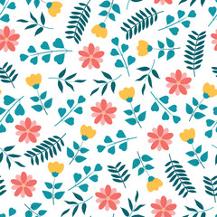 Exquisite floral seamless surface pattern. Aesthetic bunch of wildflowers and leaves. Allover foliage repeat textured background