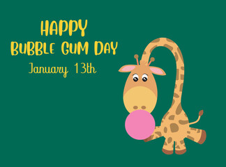 Giraffe sitting chewing gum with text and green background, celebrating World Chewing Gum Day on January 13