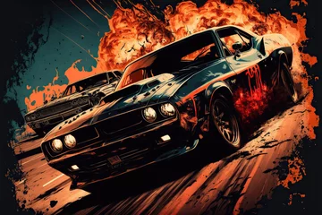 Wall murals Cars Crazy mad car chase, explosions sparks action. Sports cars are a danger race for survival. Fire and flames from under the wheels