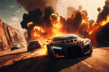 Tuinposter Auto Crazy mad car chase, explosions sparks action. Sports cars are a danger race for survival. Fire and flames from under the wheels