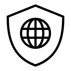 Isolated cyber security in outline icon on white background. Defender, shield, guard, protection, internet, network, globe