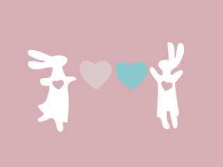 Two cute white rabbits with two hearts on a pink background .Love, romance, love icon. a couple of rabbits. Valentine's Day Greeting Card