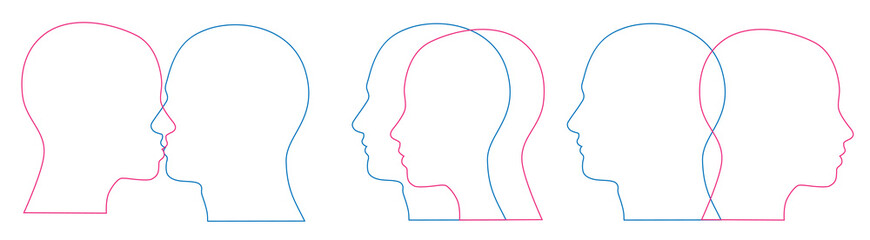 Vector silhouette of heads of man and woman in pairs. Linear outline, two colors. Female and male