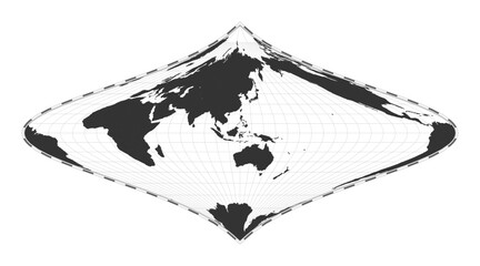 Vector world map. Foucaut's stereographic equivalent projection. Plain world geographical map with latitude and longitude lines. Centered to 120deg W longitude. Vector illustration.