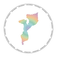 Mozambique round logo. Digital style shape of Mozambique in dotted circle with country name. Tech icon of the country with gradiented dots. Amazing vector illustration.