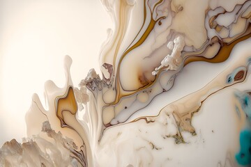 white marble surface with beige alcohol ink streaks running across it, creating an abstract fluid pattern (AI Generated)