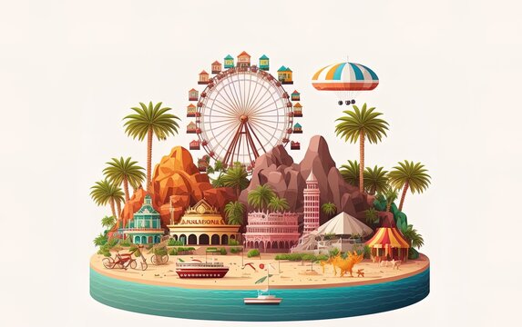 Amusement park, beach, and various bangalows superimposed on a white backdrop. Generative AI