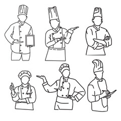 set of line art of male and female chefs. Excellent hotel restaurant service trendy one line hand drawn vector illustration