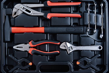 Toolbox with hand instruments for repair, close up. Set of tools for maintenance