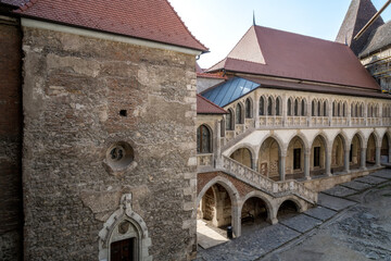Fototapeta na wymiar View with the inner courtyard of the Hunedoara Castle, also known as Corvin Castle in Hunedoara, Romania