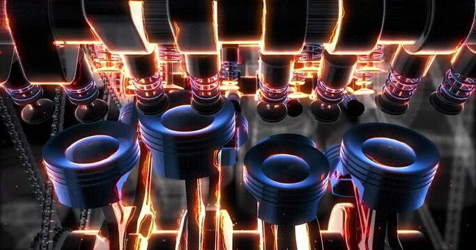 Close up powerful V8 engine. Moving pistons and crankshaft. Perfect Loop. Industry related 4K 3D animation.