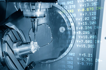 Abstract scene the 5-axis CNC milling machine  and G-code data background.