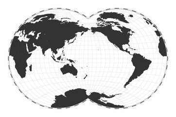 Vector world map. Van der Grinten IV projection. Plain world geographical map with latitude and longitude lines. Centered to 180deg longitude. Vector illustration.