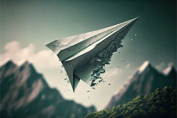 a paper airplane flying over a mountain range with birds flying around it and a bird flying over it, with a mountain in the background, and a bird flying in the air, and.