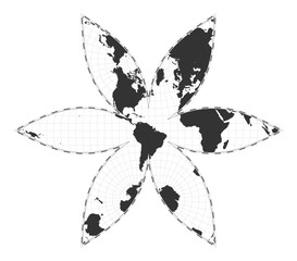 Vector world map. The U.S.-centric Gingery world projection. Plain world geographical map with latitude and longitude lines. Centered to 60deg E longitude. Vector illustration.