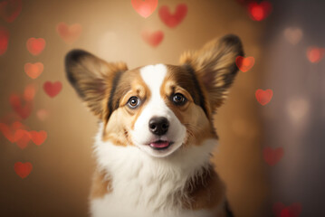 Generative ai very cute and romantic puppy dog isolated on hearts background.