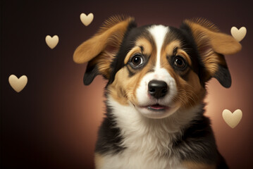 Generative ai very cute and romantic puppy dog isolated on hearts background.