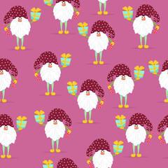 Funny gnomes with gifts seamless pattern. Cheerful gnomes in hats vector characters flat style.