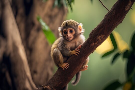 Shot using selective focus, depicting a cute baby monkey on a tree. Generative AI