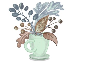 A cup and a bouquet of autumn leaves are drawn by hand separately on a white background. Cozy illustration with textured leaves morning cup coffee tea poster
